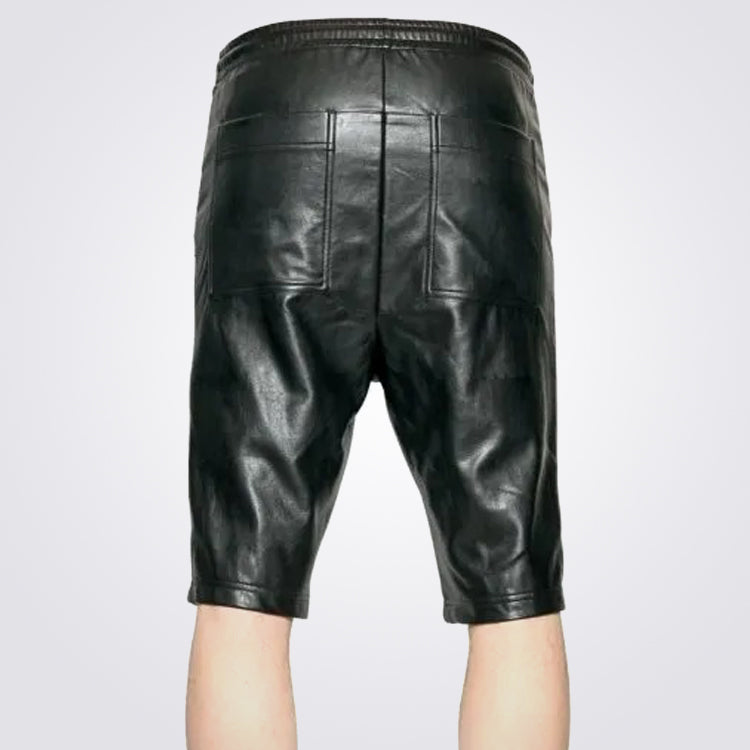 Mens Genuine Lambskin Black Leather Shorts with Elastic Waistband