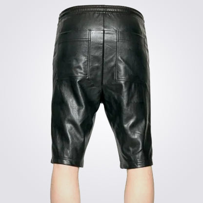 Mens Genuine Lambskin Black Leather Shorts with Elastic Waistband