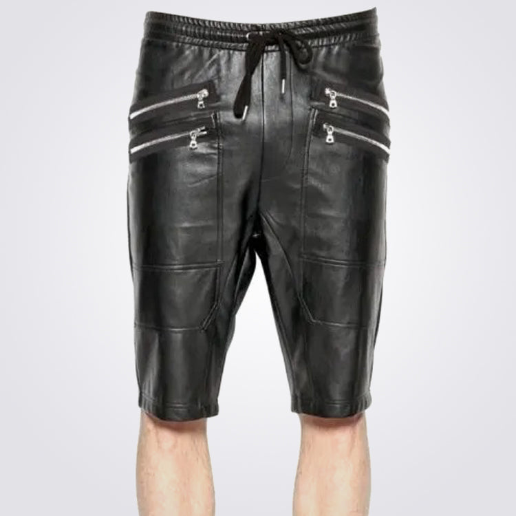 Mens Genuine Lambskin Black Leather Shorts with Elastic Waistband