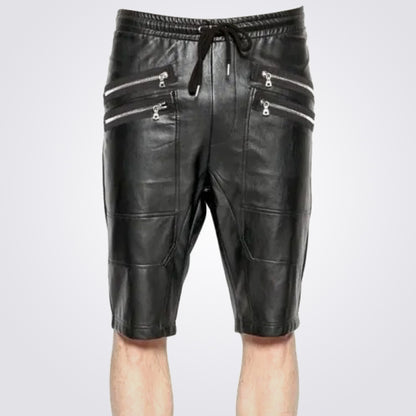 Mens Genuine Lambskin Black Leather Shorts with Elastic Waistband