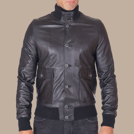 Mens Genuine Leather Black Bomber Jacket Front - Fashion Leather Jackets USA - 3AMOTO