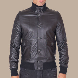 Mens Genuine Leather Black Bomber Jacket Front