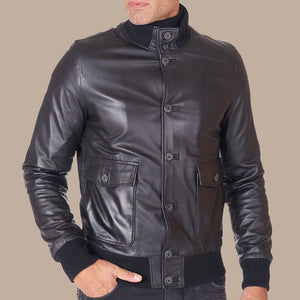 Mens Genuine Leather Black Bomber Jacket