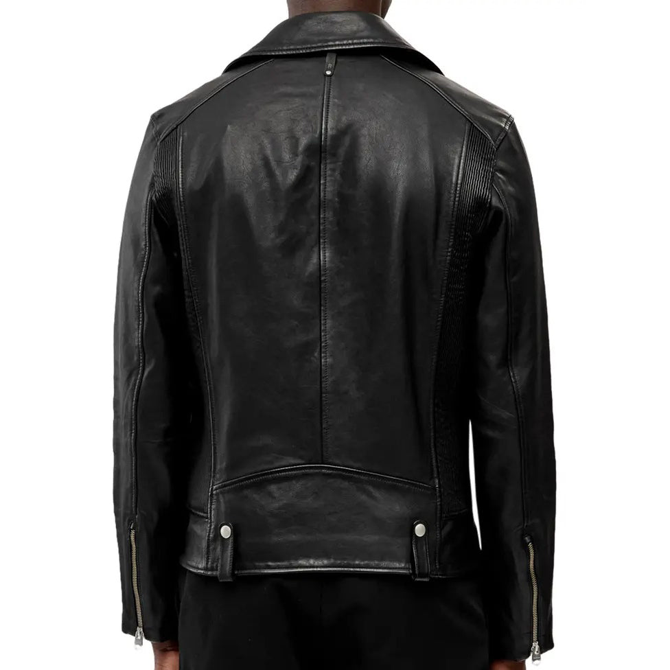 Men’s Black & Grey Leather Moto Jacket – Racing Style Genuine Leather