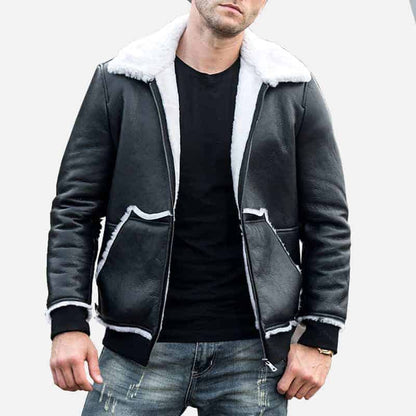 Men’s Genuine Shearling Black Leather Jacket with Rib Cuff