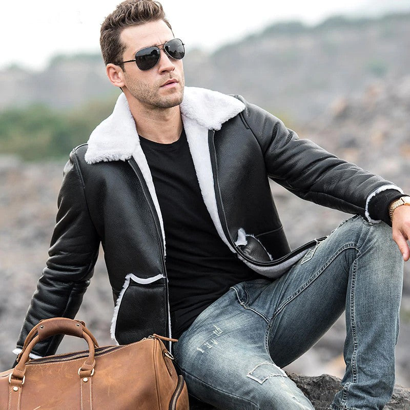 Men’s Genuine Shearling Black Leather Jacket with Rib Cuff