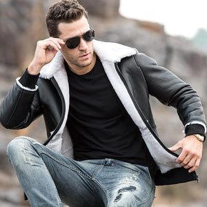 Men’s Genuine Shearling Black Leather Jacket with Rib Cuff
