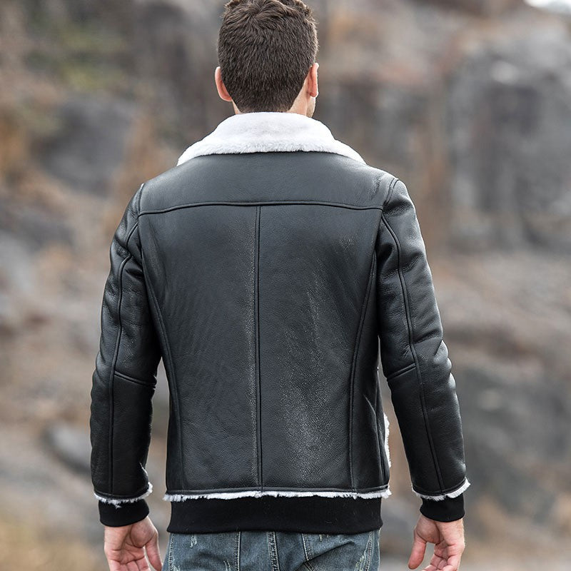 Men’s Genuine Shearling Black Leather Jacket with Rib Cuff