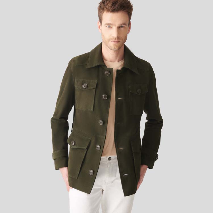 Mens Green Suede Leather Trucker Coat