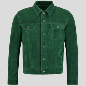Mens Green Trucker Style Suede Leather Jacket