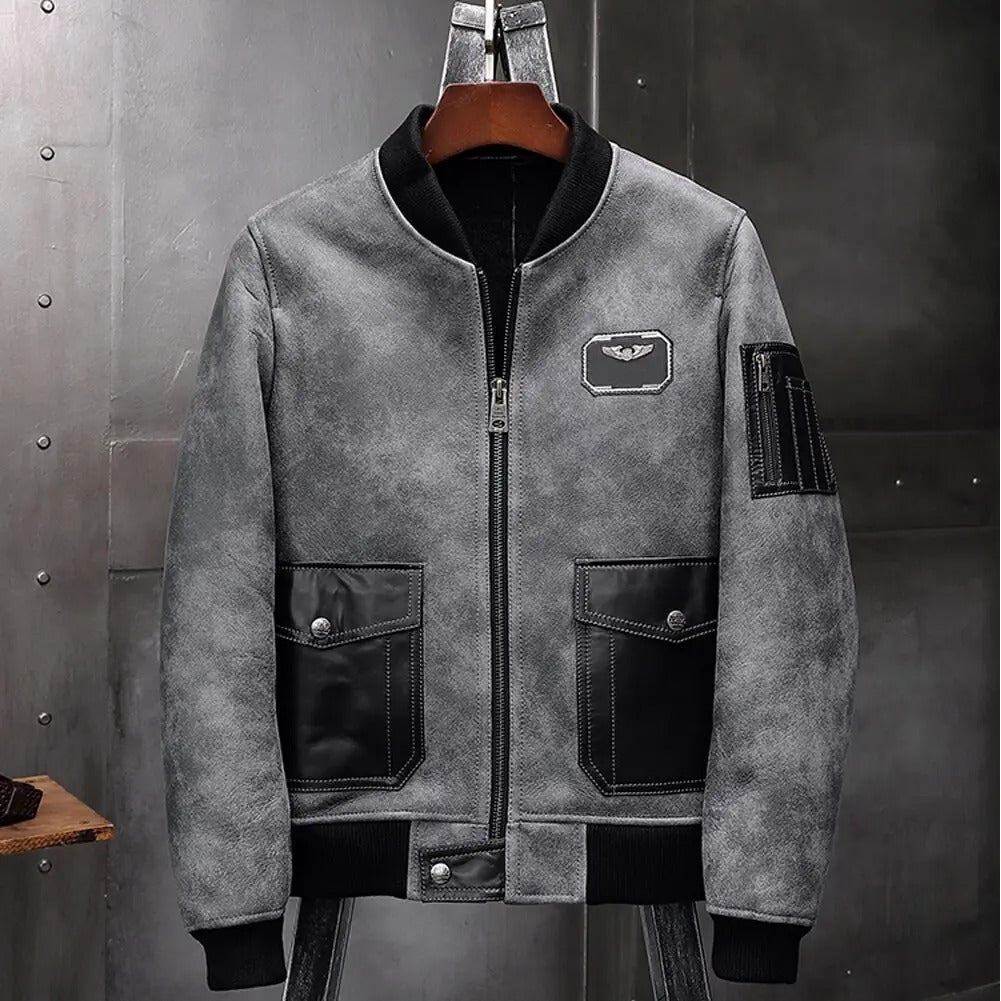 Mens Grey A2 Airforce Flight Sheepskin Shearling Motorcycle Jacket