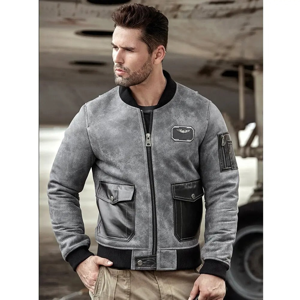 Mens Grey A2 Airforce Flight Sheepskin Shearling Motorcycle Jacket