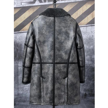 Mens Double Breasted Grey Waxed Leather Sheepskin Shearling Long Coat