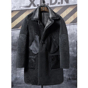 Mens Double Breasted Grey Waxed Leather Sheepskin Shearling Long Coat