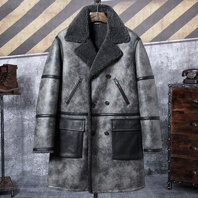 Mens Double Breasted Grey Waxed Leather Sheepskin Shearling Long Coat