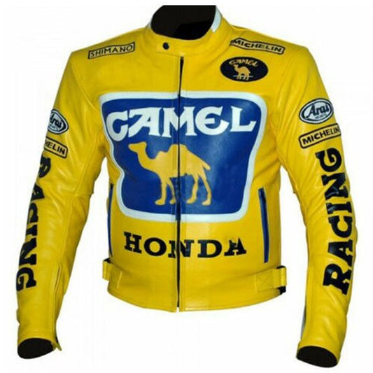 Mens Honda Camel Racing Motorcycle Yellow Leather Jacket - Fashion Leather Jackets USA - 3AMOTO