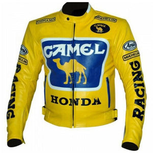 Mens Honda Camel Racing Motorcycle Yellow Leather Jacket
