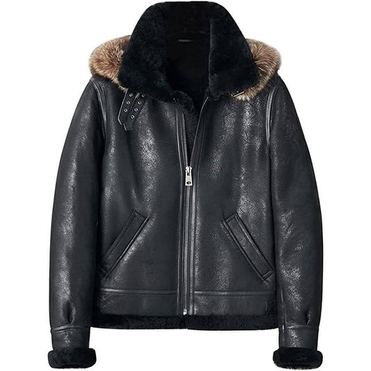 Men's Hooded B3 Bomber Jacket with Shearling Fur - Fashion Leather Jackets USA - 3AMOTO