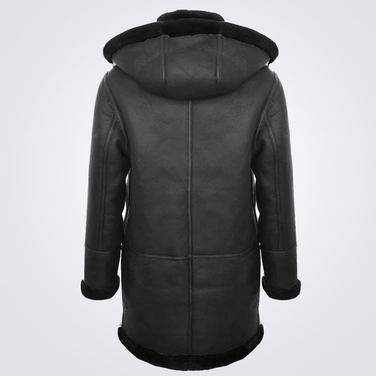 Men's Hooded Shearling Sheepskin Duffle Coat