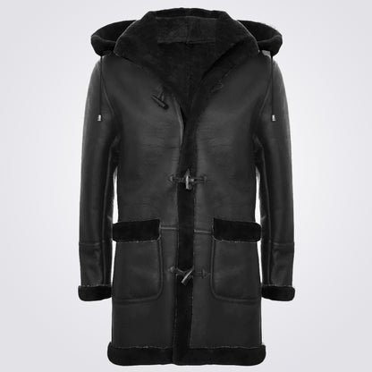 Men's Hooded Shearling Sheepskin Duffle Coat