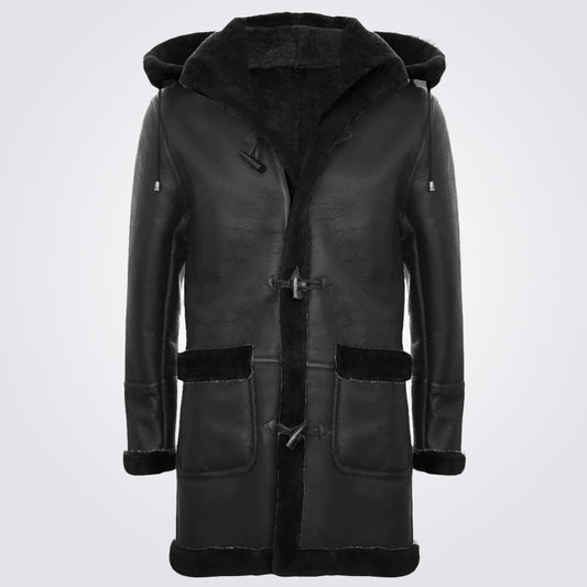 Men's Hooded Shearling Sheepskin Duffle Coat - Fashion Leather Jackets USA - 3AMOTO