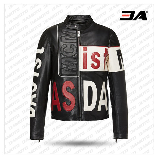 Mens Intarsia Leather Racer Jacket - Fashion Leather Jackets USA - 3AMOTO