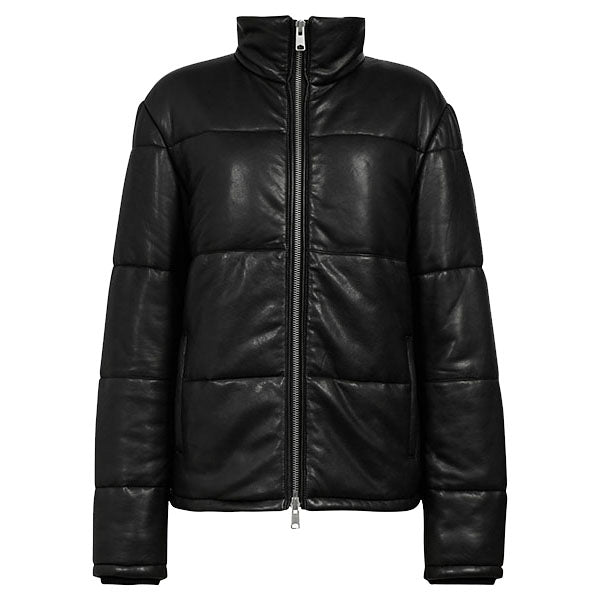 Mens Jet Black Leather Puffer Jacket