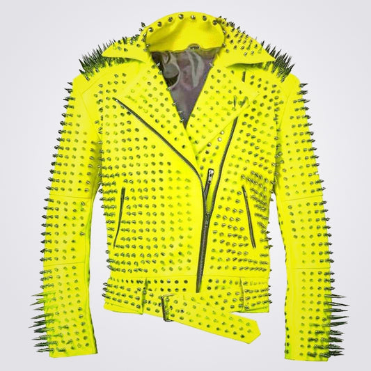 Mens Leather Jacket with Silver Brando Spikes and Yellow Accents - Fashion Leather Jackets USA - 3AMOTO