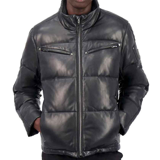 Mens Leather Puffer Jacket with Zipped Pockets - Fashion Leather Jackets USA - 3AMOTO