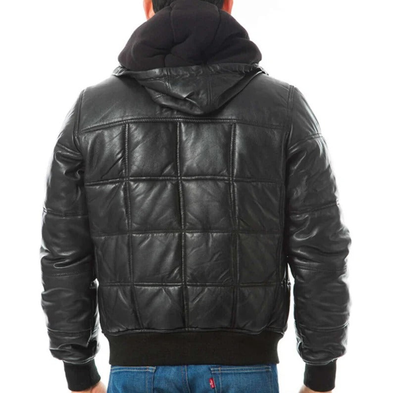 Mens Leather Quilted Bomber Puffer Jacket with Detachable Hooded