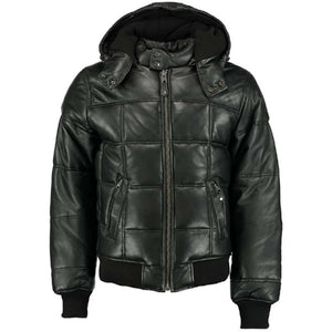 Mens Leather Quilted Bomber Puffer Jacket with Detachable Hooded