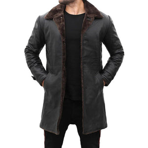 Mens Leather Shearling Coat in Black