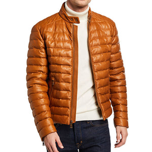 Mens Brown Leather Puffer Jacket