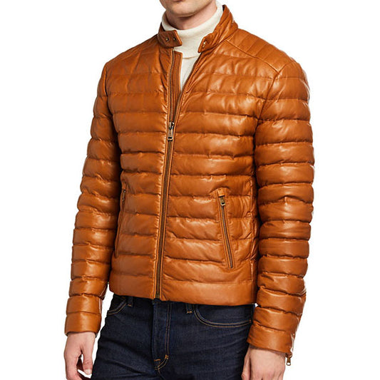 Men’s Lux Brown Leather Puffer Jacket - Fashion Leather Jackets USA - 3AMOTO