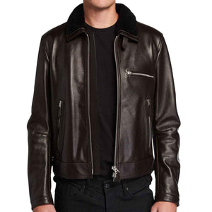 Mens Luxurious Leather Jacket Shearling Collar