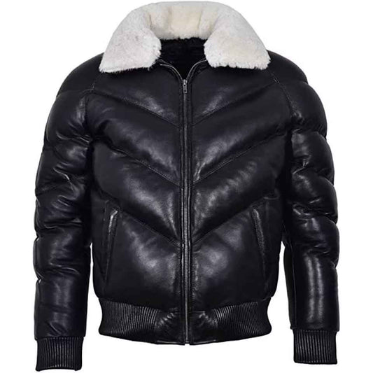 Mens Military Style Puffer Leather Jacket Black - Fashion Leather Jackets USA - 3AMOTO