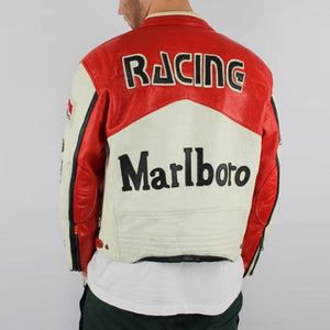 Mens Moto Racer White Red Leather Marlboro Jacket