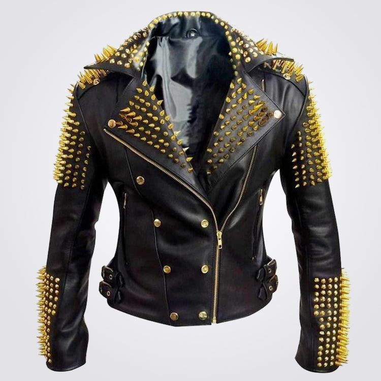 Men's Motorcycle Leather Jacket with Golden Studs and Heavy Metal Spik