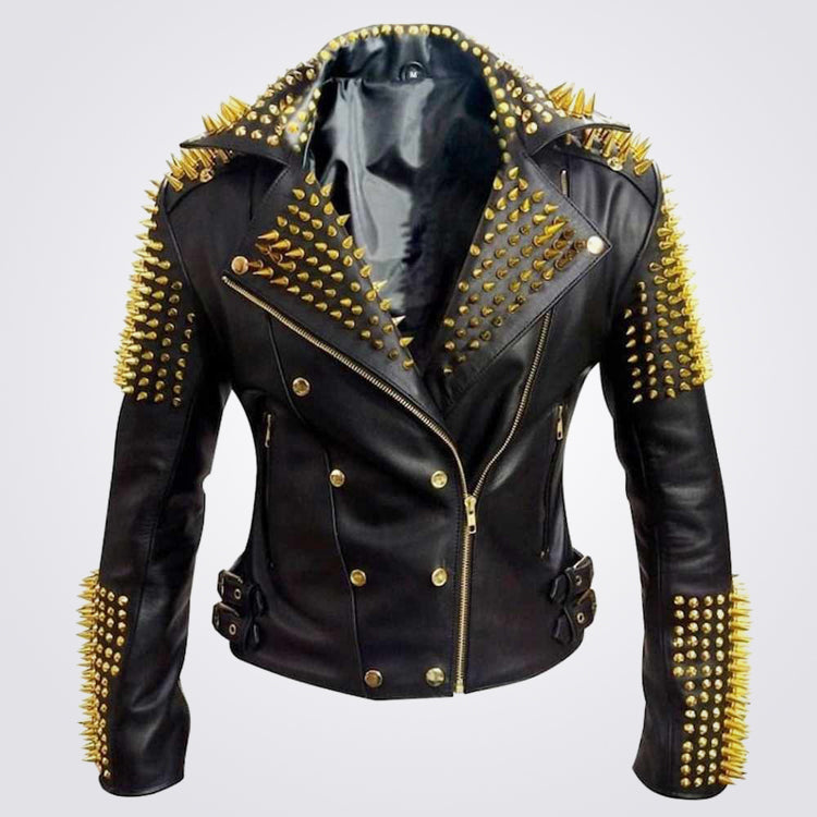 Men's Motorcycle Leather Jacket with Golden Studs and Heavy Metal Spikes