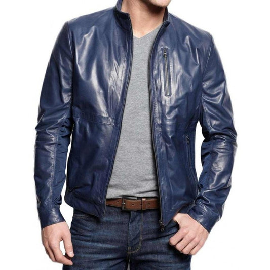 Mens Navy Blue Stylish Leather Jacket - 3amoto shop