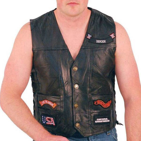 Mens Patched Motorcycle Leather Vest - 3amoto shop