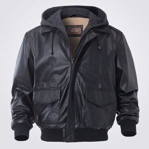 Men's Pilot Air Force Real Leather Bomber Jacket with Removable Hood