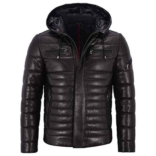 Mens Puffer Hooded Leather Jacket - Fashion Leather Jackets USA - 3AMOTO