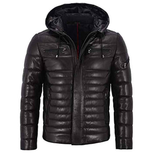 Mens Puffer Hooded Leather Jacket