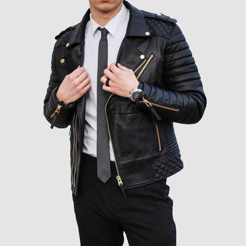 Mens Quilted Black Leather Biker Jacket