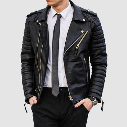 Mens Quilted Leather Biker Jacket