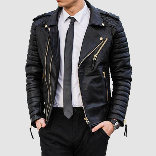 Mens Quilted Leather Biker Jacket - Fashion Leather Jackets USA - 3AMOTO