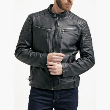Mens Asymmetrical Biker Vintage Black Lambskin Real Leather Jacket