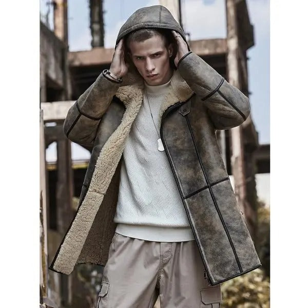 Men's RAF B7 Hooded Sheepskin Flying Fur Shearling Coat Aviator Jacket