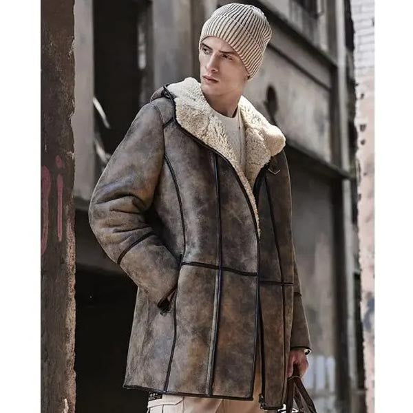 Men's RAF B7 Hooded Sheepskin Flying Fur Shearling Coat Aviator Jacket